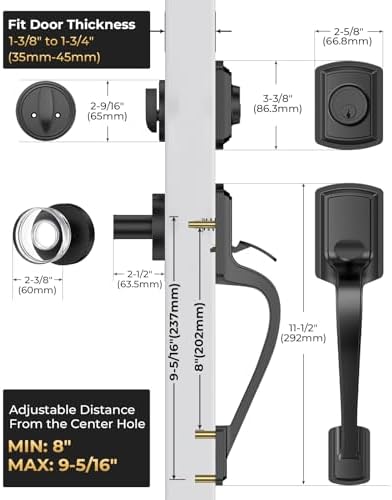 Black Front Door Handle and Deadbolt Set with Crystal Door knob