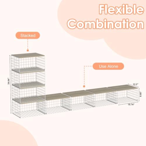 Hencawima 4 Pack Stackable Closet Storage Shelf Organizer Metal White