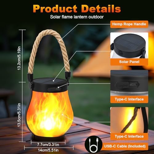 Solar Lanterns Outdoor 4-Pack with Ultra-Real Flame Lights, Dual Charging (US...