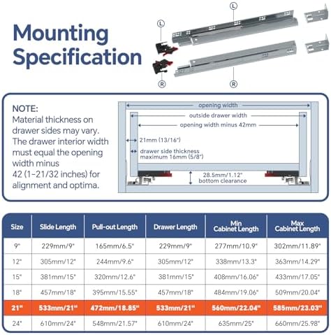 ToBeGreat 21 Inch Undermount Soft Close Drawer Slides - Full Extension