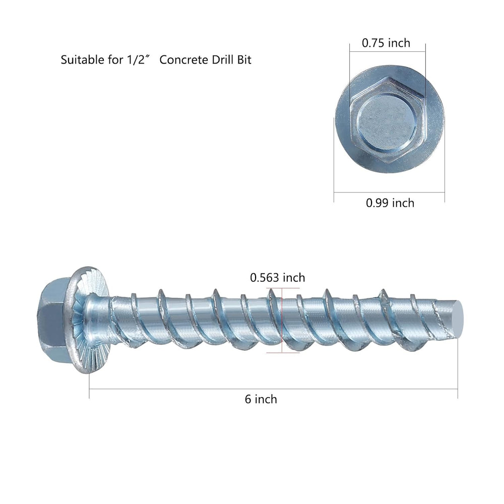 Wensilon 1/2" x 6" Zinc Plated Large Diameter Concrete Screw Actual...
