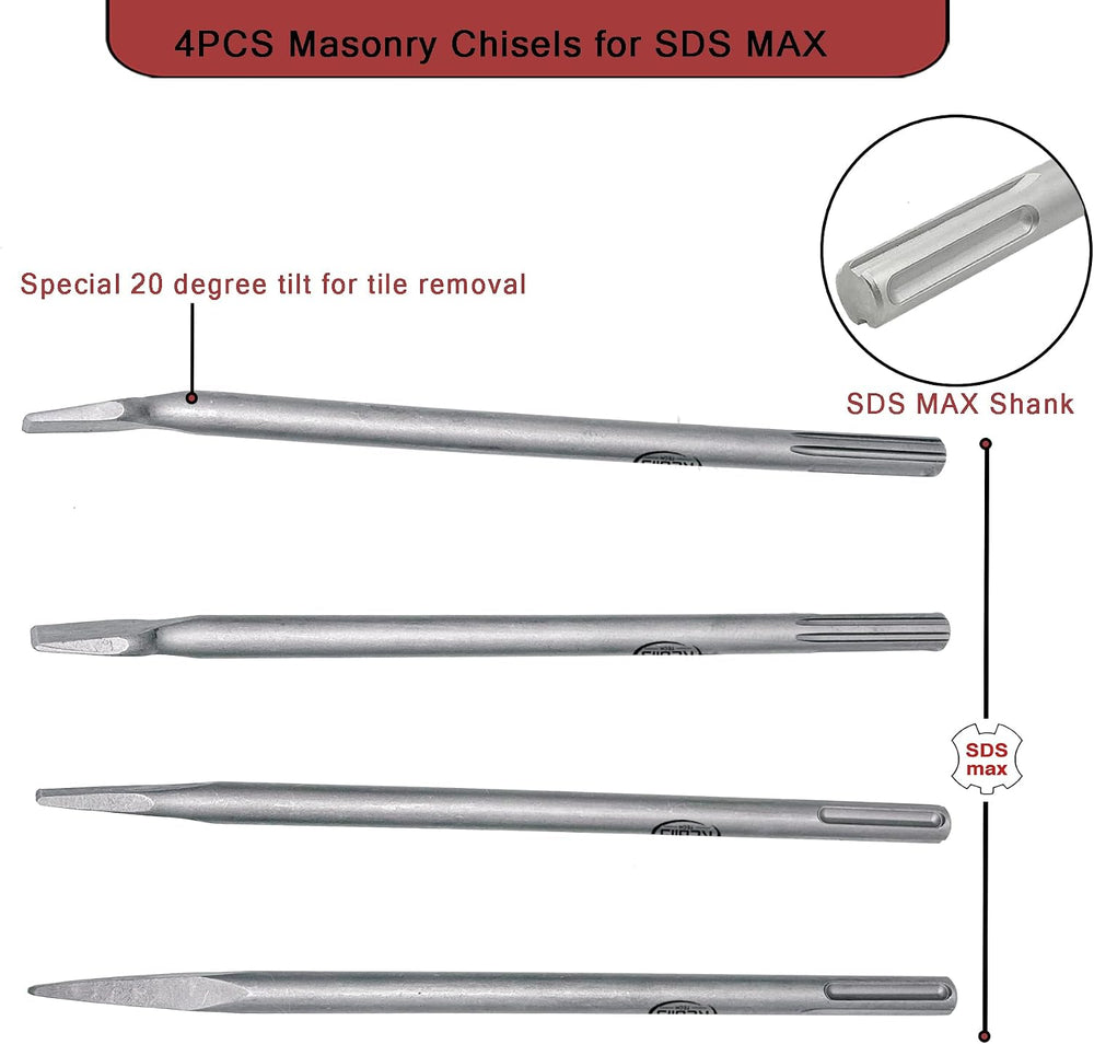 4 pcs SDS MAX 15.7 inch Chisel Set, Masonry Concrete Drill Bit Set, Tile Remo...