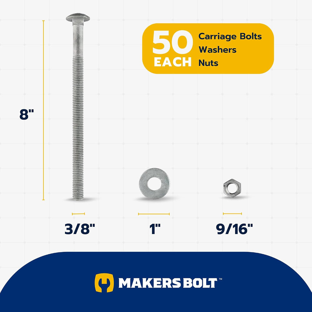 3/8" x 8" (50 Pack) Galvanized Carriage Bolt Kit, Grade 307A, Hot D...