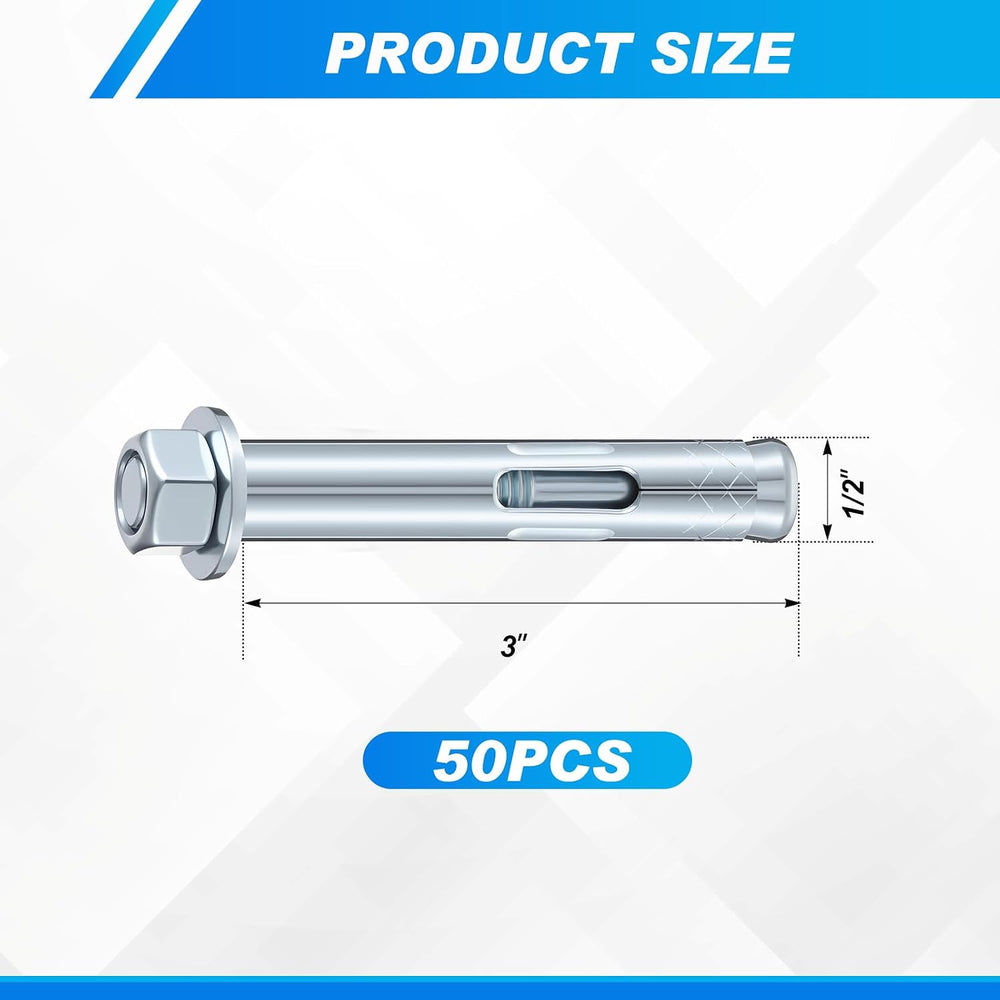 50 Pack 1/2 x 3'' Sleeve Anchors for Concrete