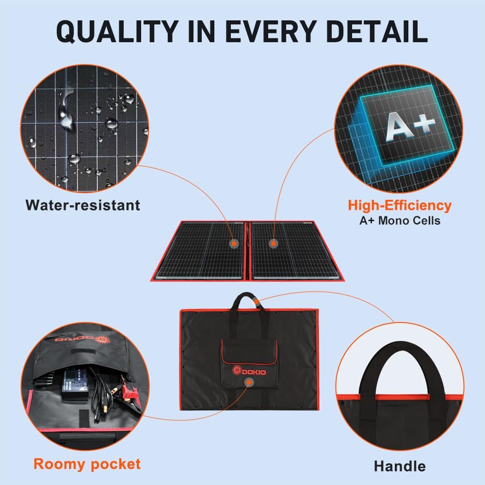 DOKIO 100W Portable Foldable Solar Panel Kit for 12V Battery Charging