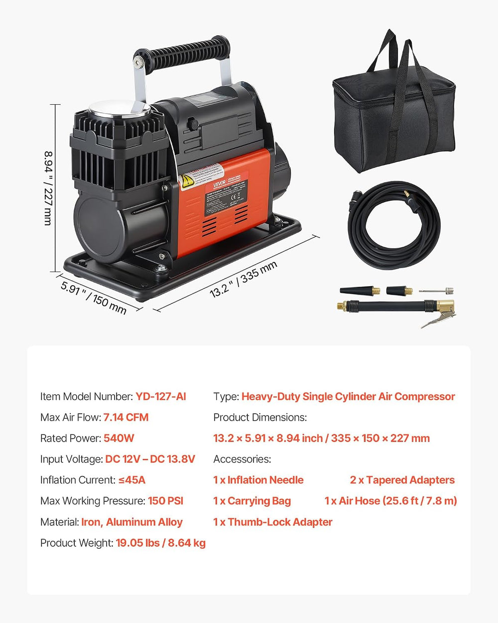 VEVOR 12V Heavy Duty Air Compressor, Auto-Stop Portable Tire Inflator with LC...