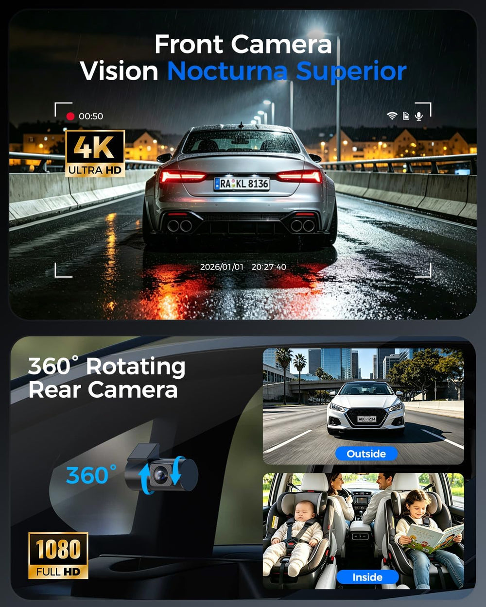 4K Dash Cam Front and Rear,4K+1080P Dual Dash Camera for Cars, 2.4G WiFi, 2” ...