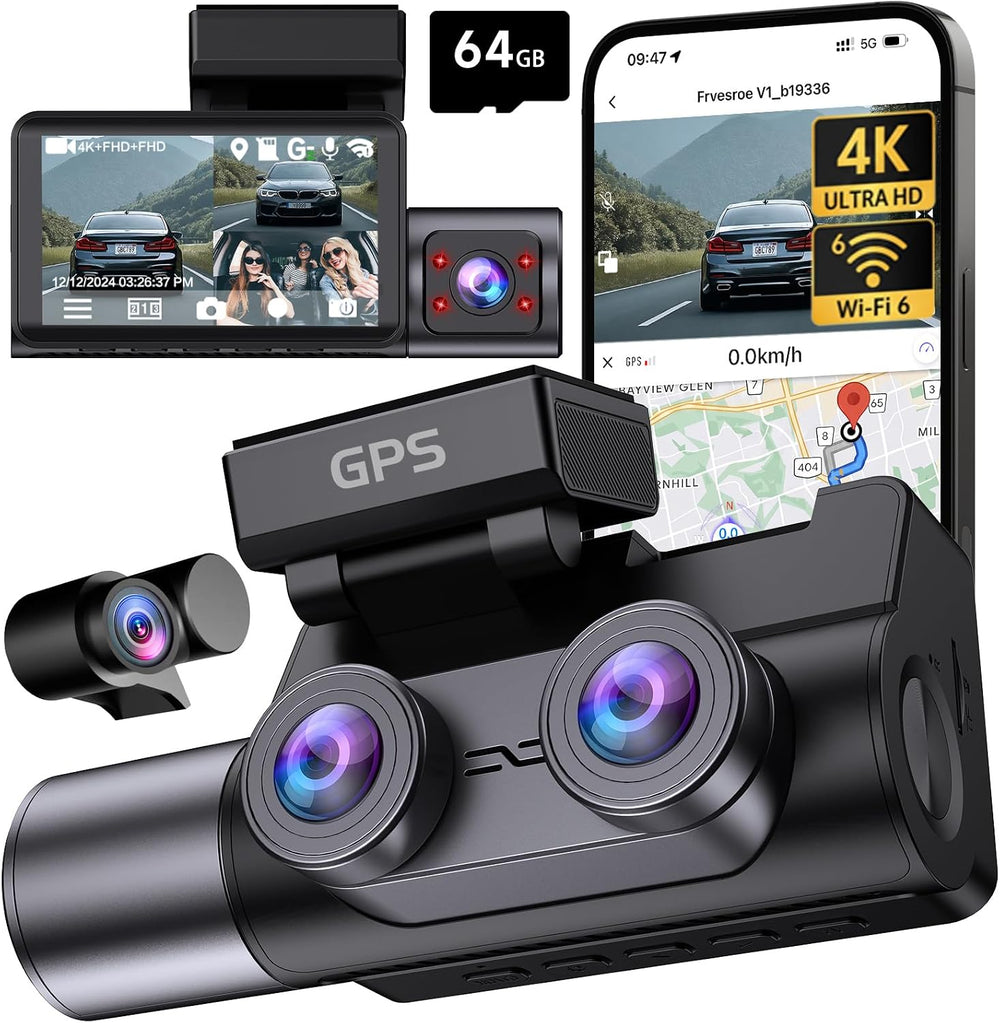 4K Dash Cam Front Rear Inside, 3 Channel Dashcam with WiFi 6 & GPS