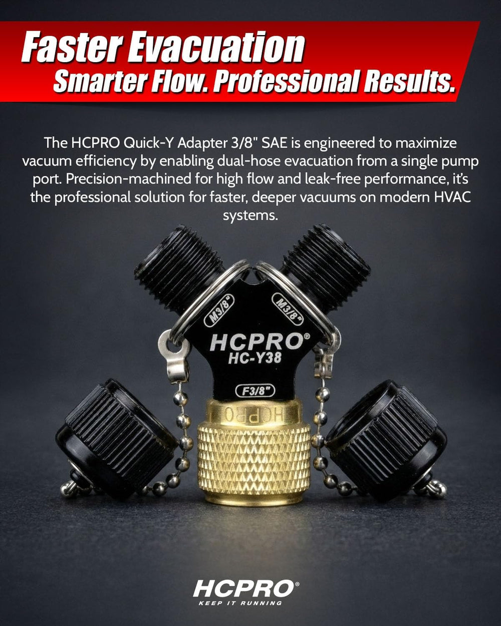 HCPRO HCY38 Quick-Y Vacuum Adapter 3/8 in SAE Flare Y Splitter for HVAC Refri...