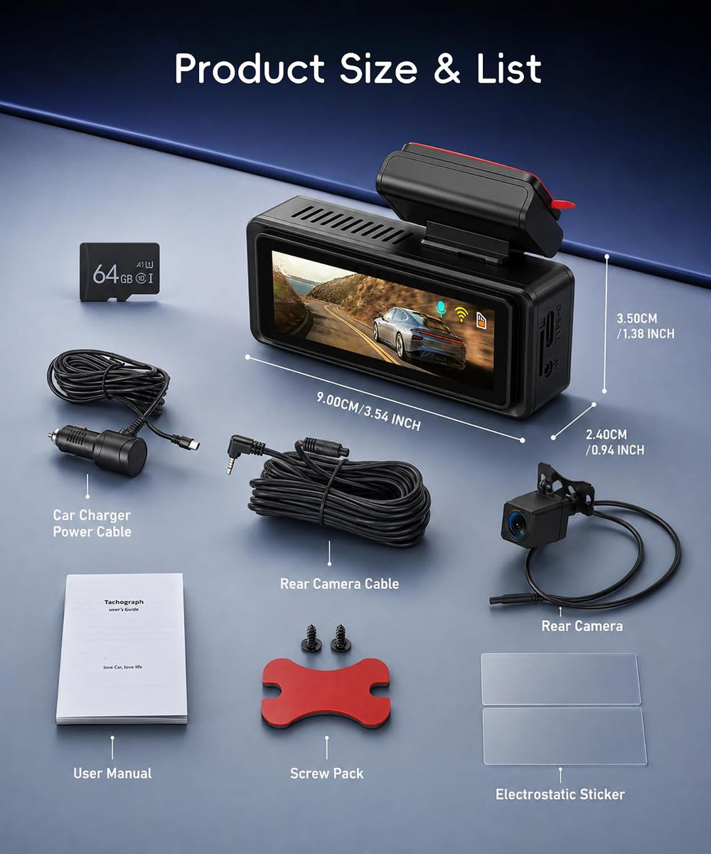 4K Dash Cam Dual Channel Front and Rear, Night Vision, 5GHz WiFi, 64GB Card