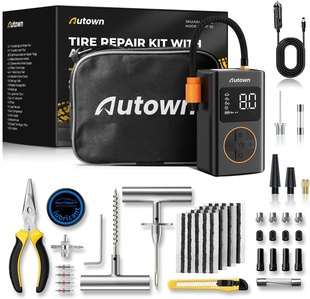Flat Tire Repair Kit with Air Compressor, Professional Tire Plug Kit