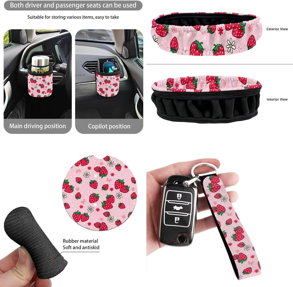 Car Accessories Pink Strawberry Car Seat Cover Full Set Include Cup Coasters ...