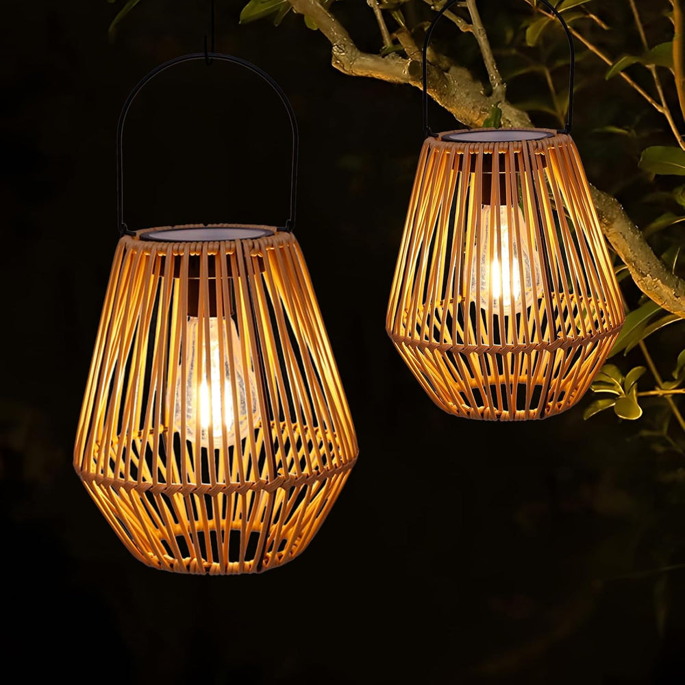 Livinlarge Solar Lanterns Outdoor Waterproof,Wicker Solar Lantern 2 Pack |