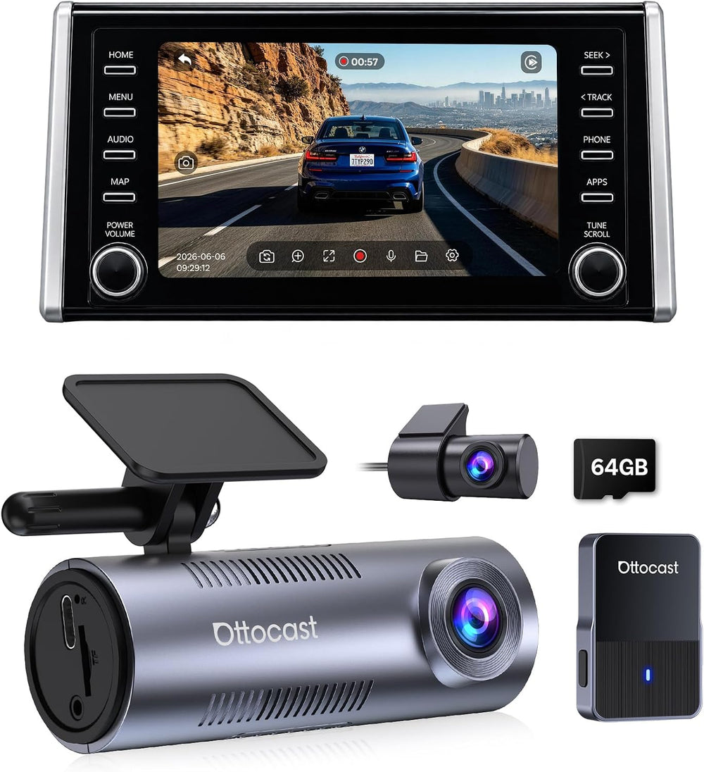 OTTOCAST Safe Cam Dash Cam Front and Rear with Wireless CarPlay Adapter