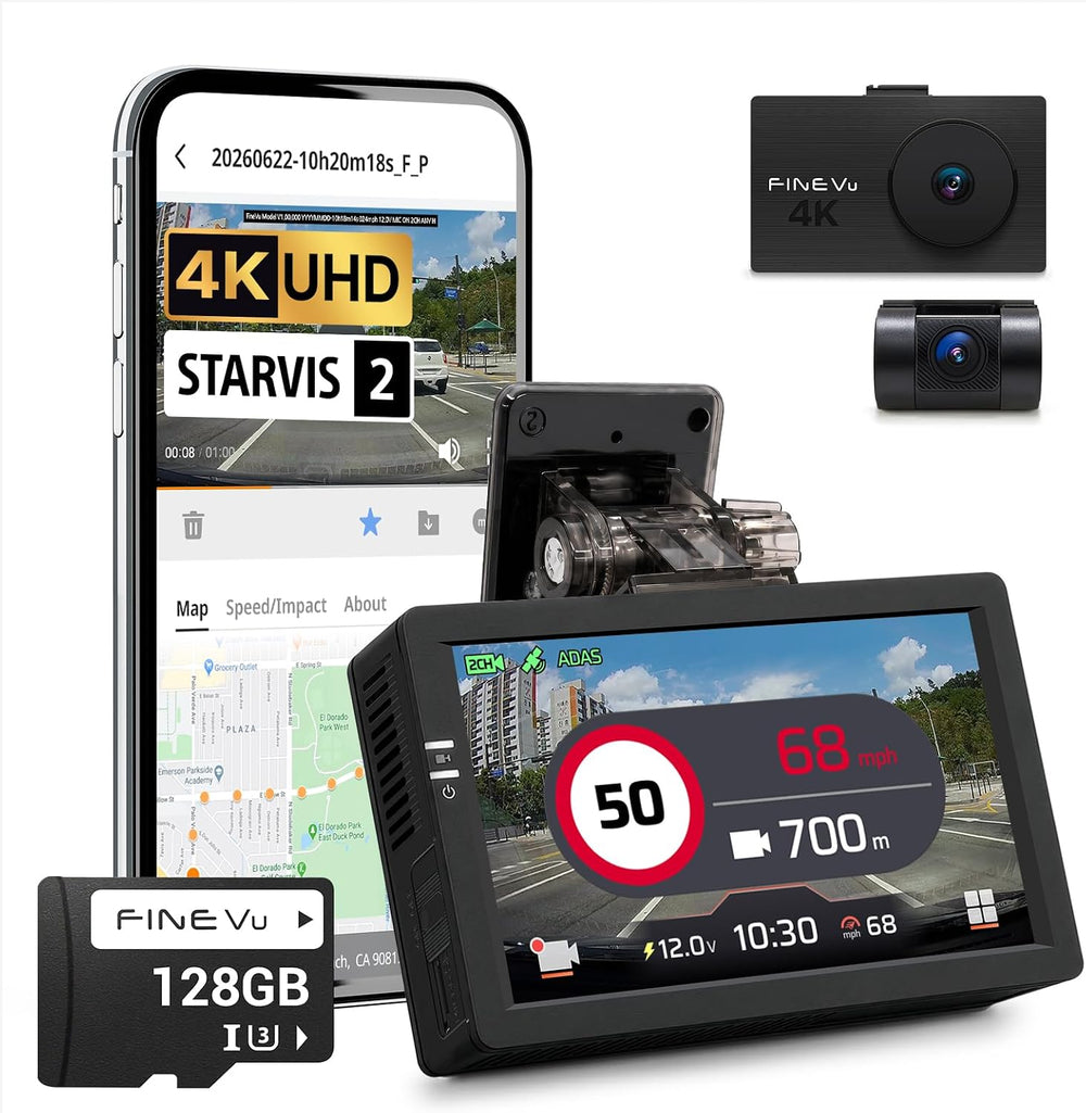 FineVu LX4K True 4K Dash Cam Front and Rear, STARVIS 2, Free 128GB Card