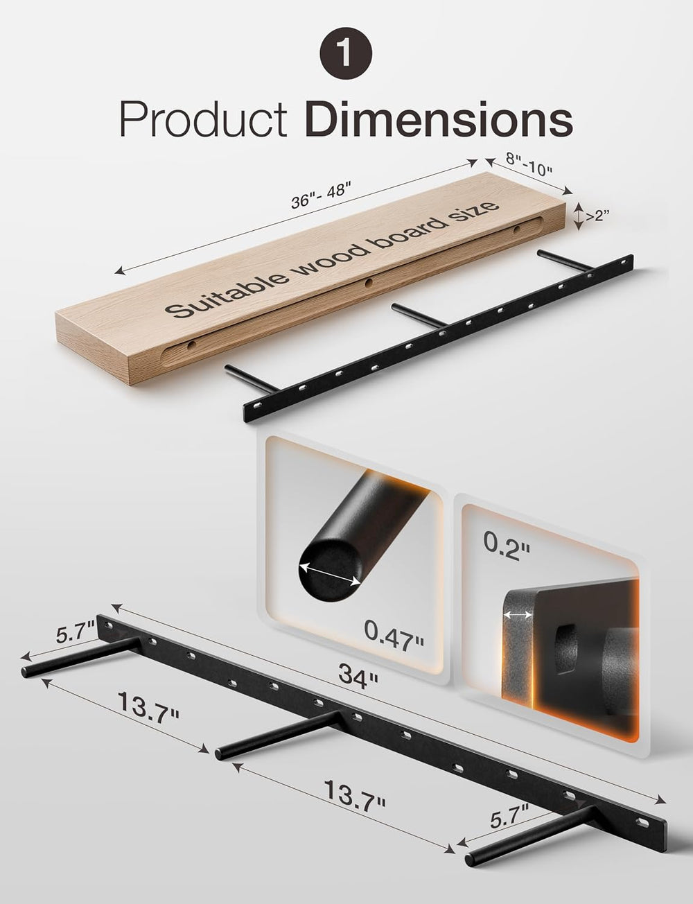 BATODA 34" Floating Shelf Bracket 2PCS, Hidden Bracket for Floating Shelves