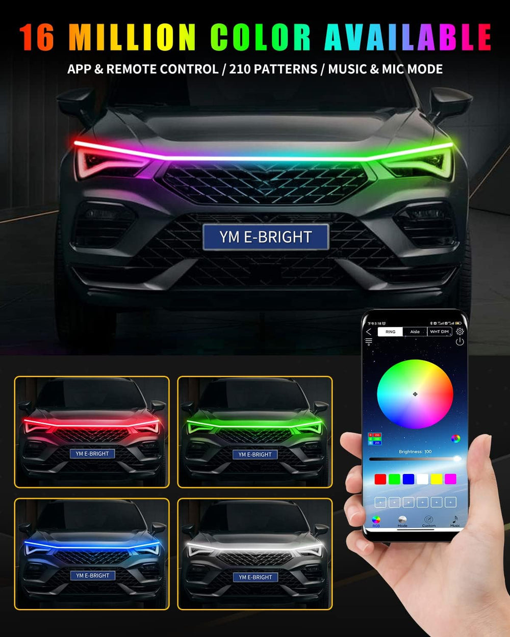 YM E-Bright LED Hood Light Strip, 70in RGB App Control Dynamic Scan DRL 12V