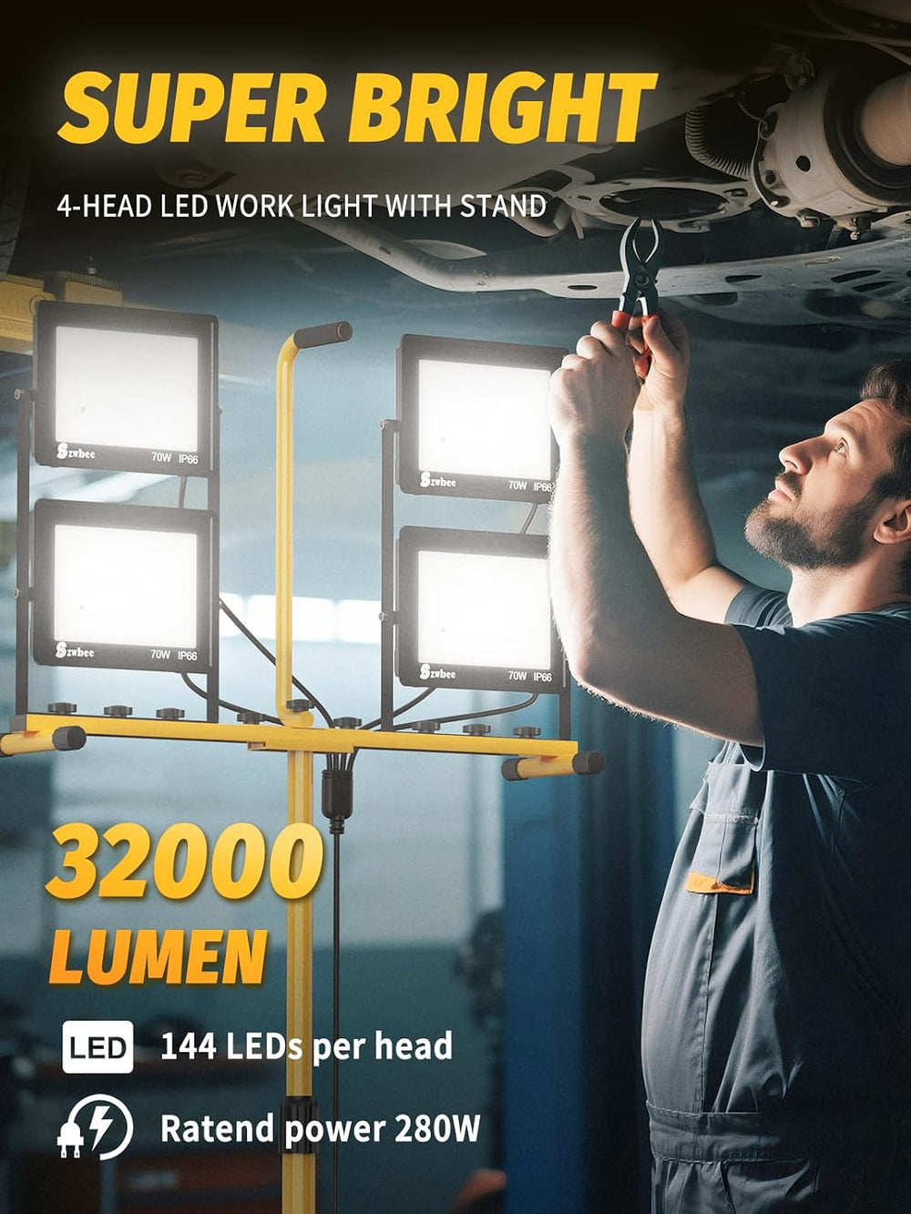 32000 Lumen LED Work Light with Stand, 4-Head Tripod, Remote Control