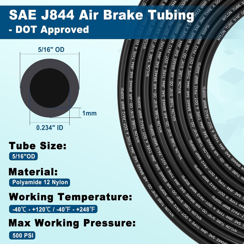 5/16" DOT Air Line, 100FT SAE J844 PA12 Nylon Air Tubing with Cutter