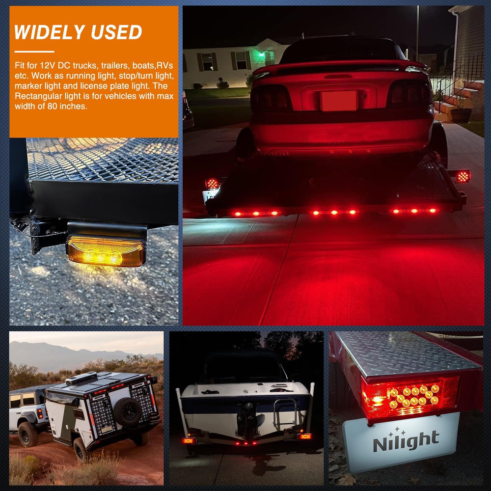 Nilight Rectangular Trailer Light Kit Red Amber Marker Taillights