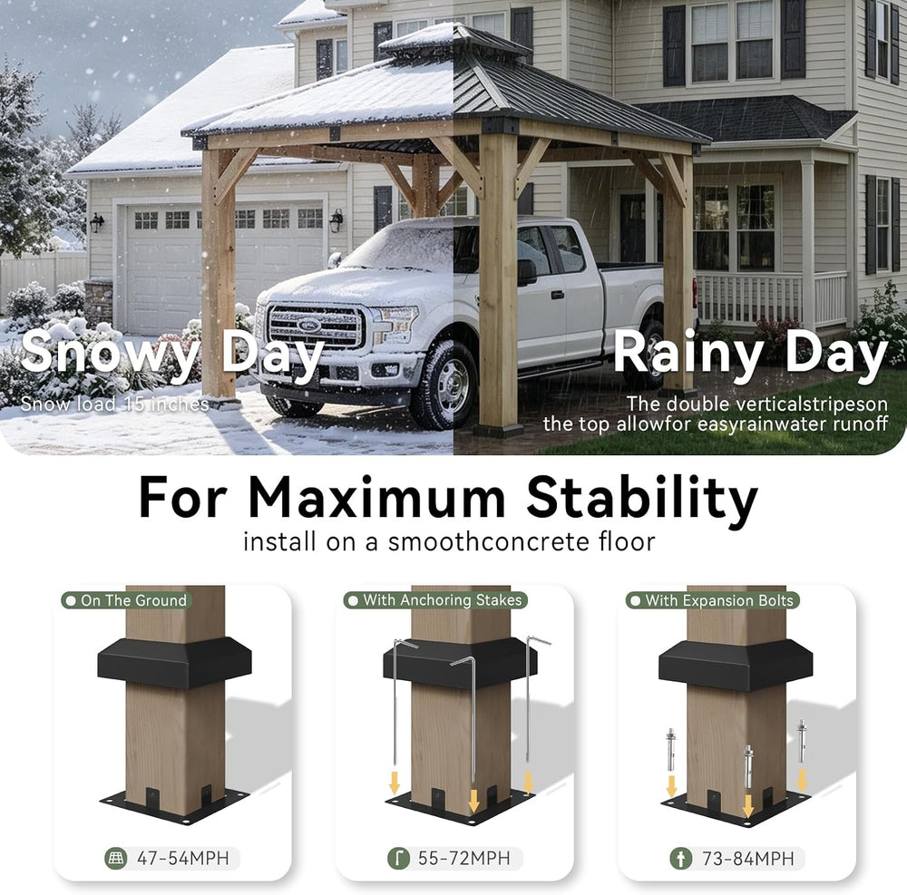 Aoxun 10x10 FT Cedar Wood Carport, Double Galvanized Steel Roof + Light