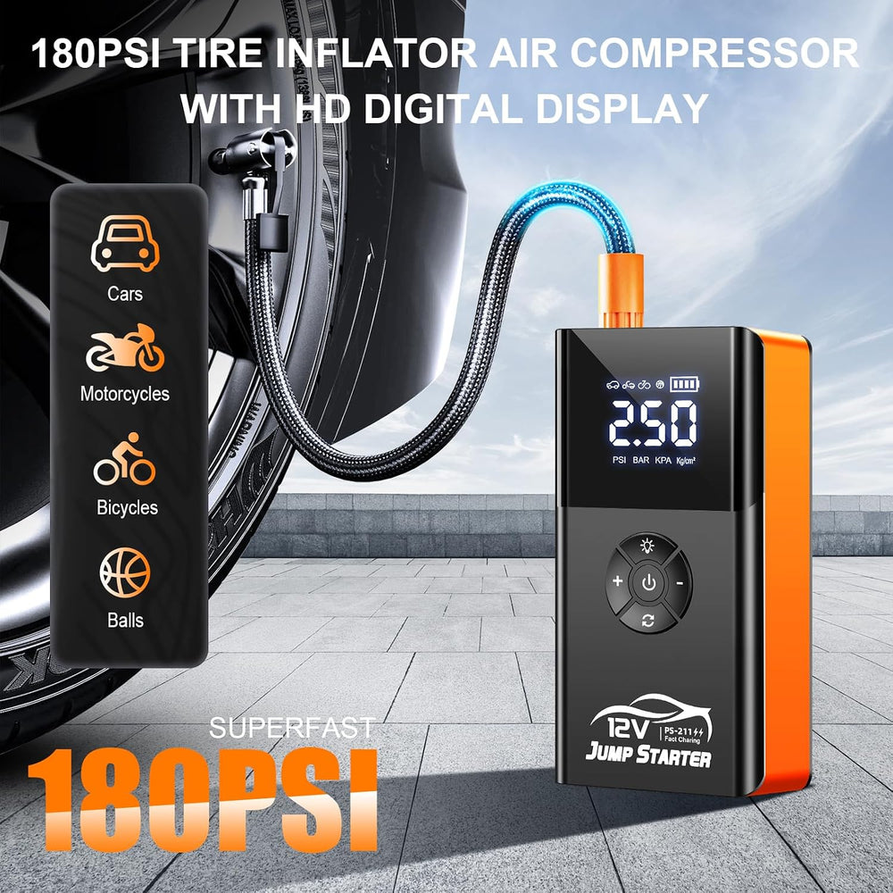 Jump Starter with Air Compressor, 8000A 180PSI, Portable Car Battery Jump Sta...