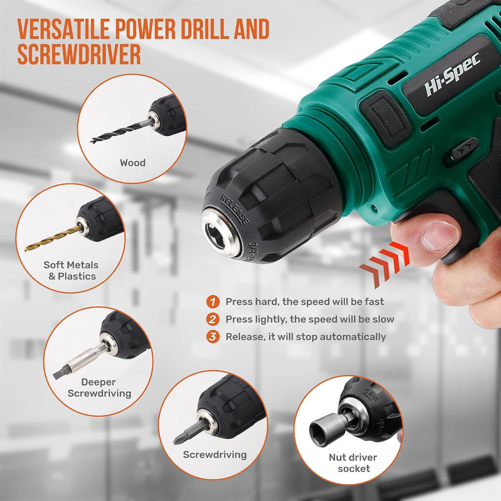 Hi-Spec 8V USB Power Drill Driver and Home Tool Kit with Toolbox Set, Green