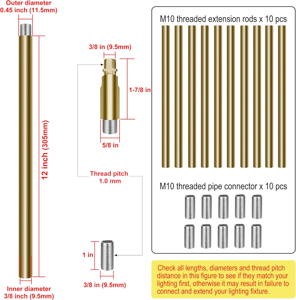 10 Pieces 12-inch Extension Poles M10 Threaded Lighting Fixture Downrods Stem...