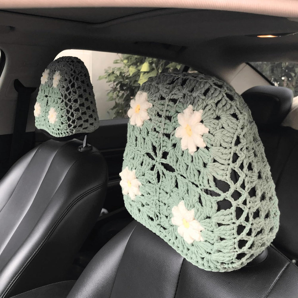Crochet Seat Headrest Cover, Car Seat Pillow Protector, Cute Daisy Car Access...