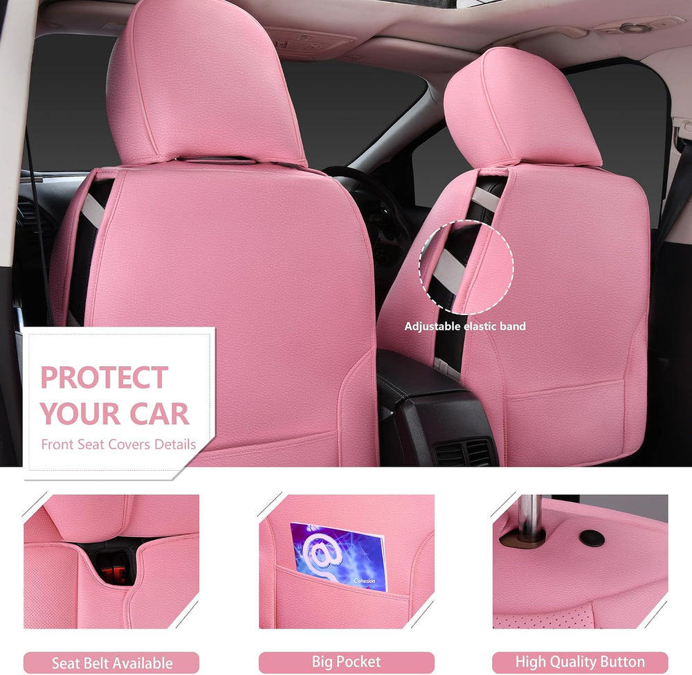 CAR PASS Nappa Pink PU Leather Car Seat Covers Full Set Cute for Women Waterp...