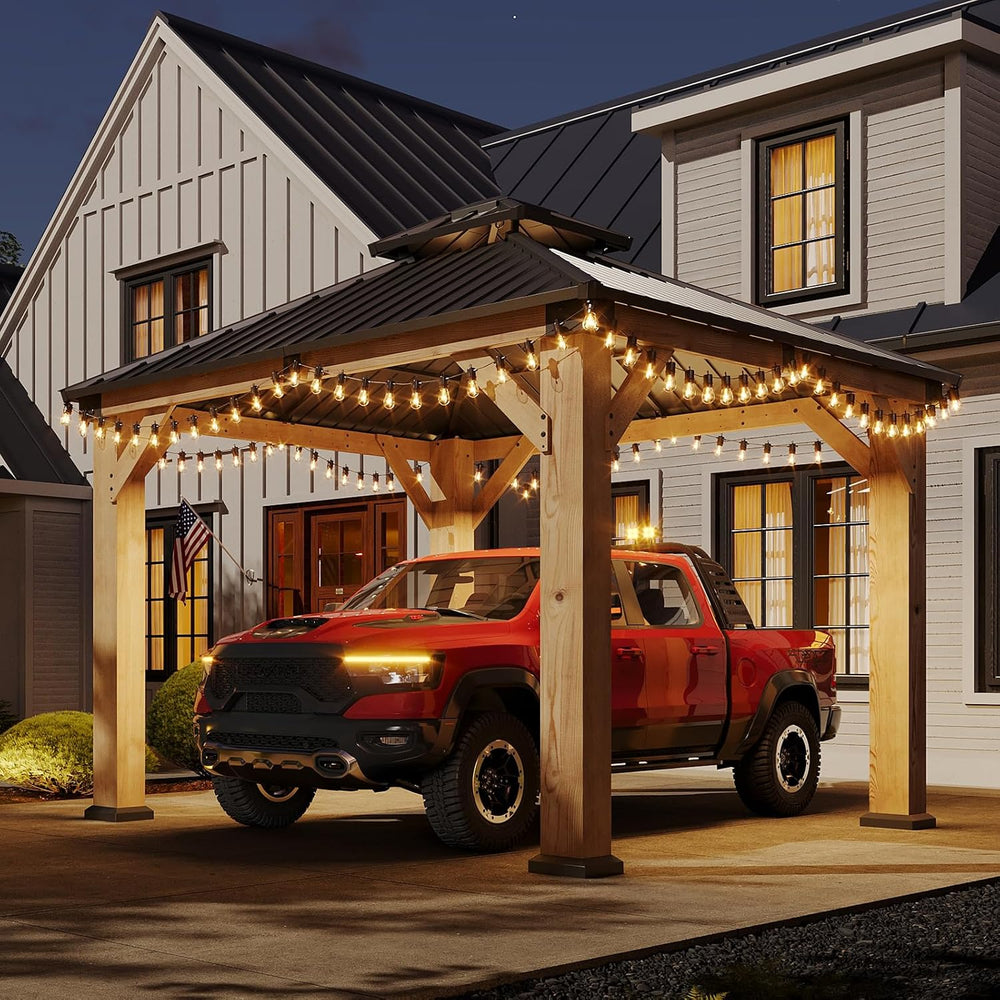 Aoxun 10x10 FT Cedar Wood Carport, Double Galvanized Steel Roof + Light