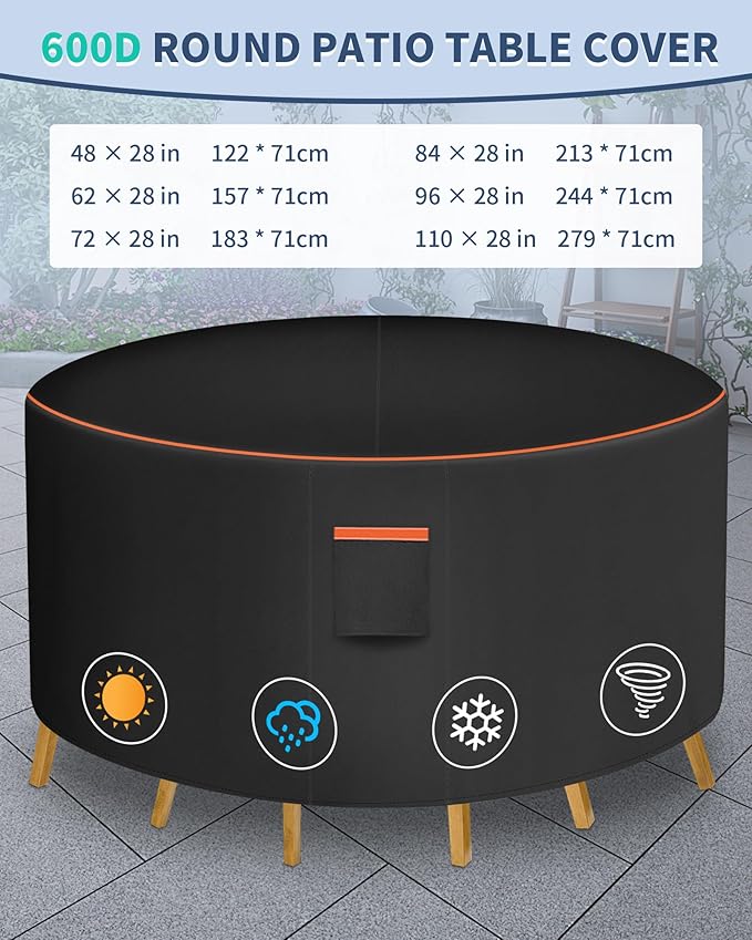 Round Patio Furniture Cover, 48 Inch Diameter Waterproof 600D Heavy Duty Table