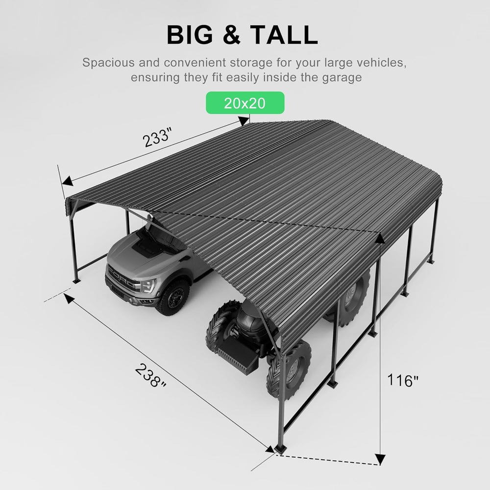 20x20 Heavy-Duty Metal Carport, Galvanized Steel Shelter for Pickup Trucks, B...