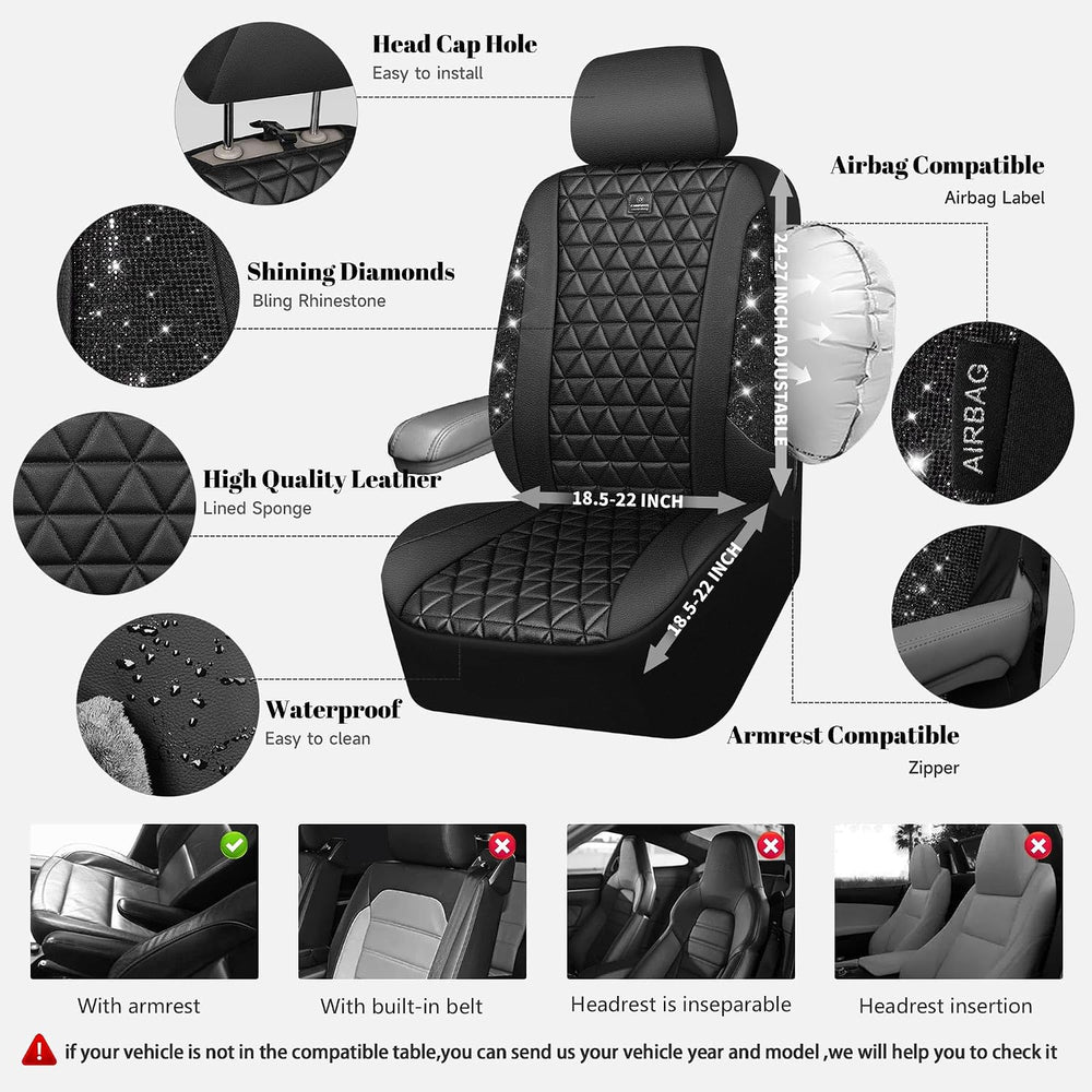CAR PASS Bling Diamond Black Leather Car Seat Covers Full Sets Interior Sets,...