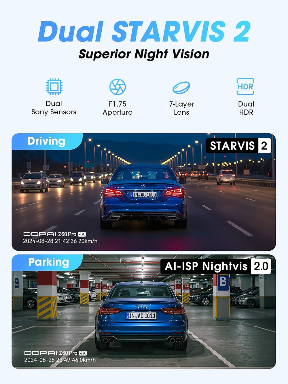 DDPAI Z60 Pro 4K+1080P Dash Cam, Dual STARVIS 2 & HDR, Free 128GB Card
