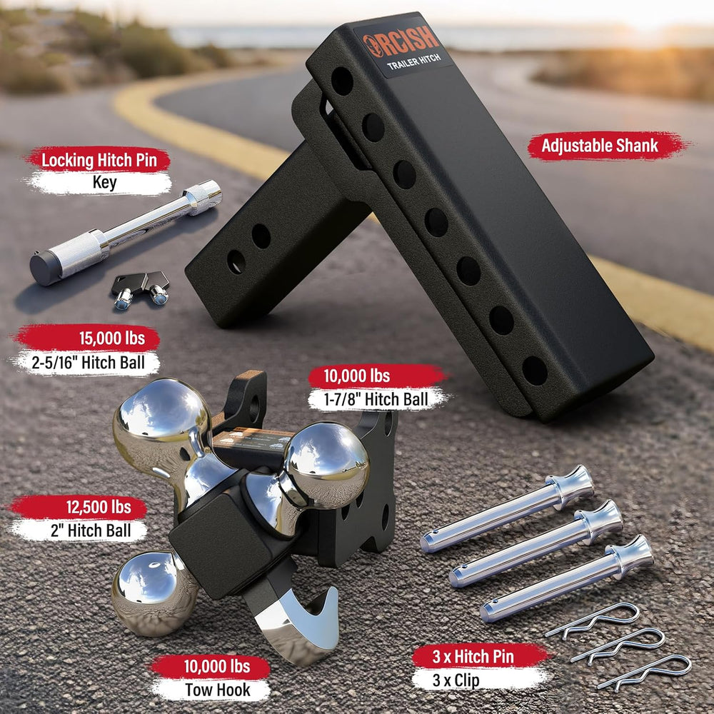 Adjustable Trailer Hitch, 360° Swivel Tri Ball Mount with Tow Hook & Lock