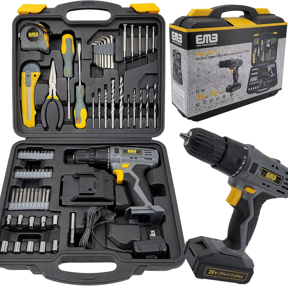 EMB Professional 20V Cordless Drill Driver Kit - 0-1300 RPM Variable Speed, 1...
