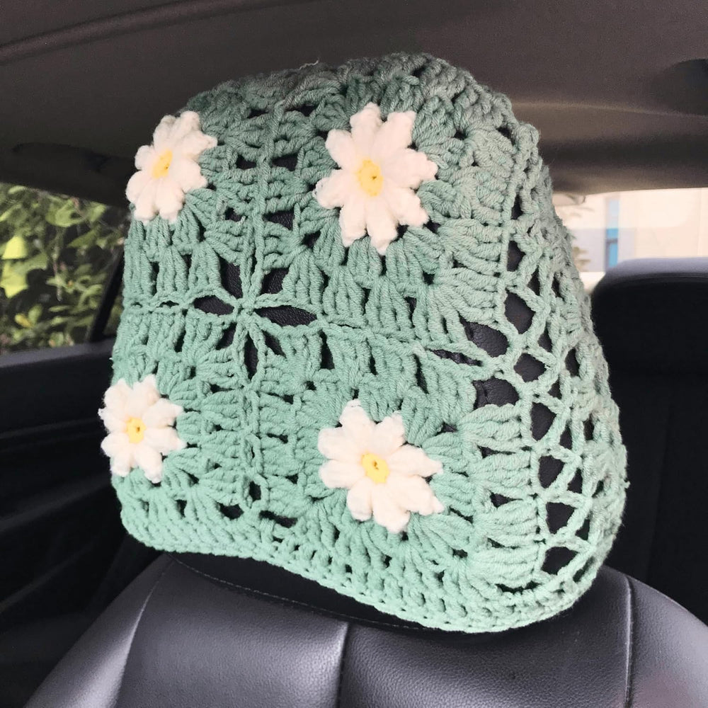 Crochet Seat Headrest Cover, Car Seat Pillow Protector, Cute Daisy Car Access...