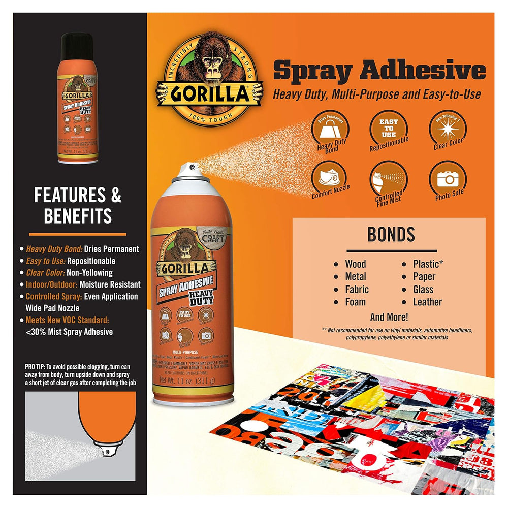 Gorilla Heavy Duty Spray Adhesive, Multipurpose and Repositionable, 11 Ounce,...