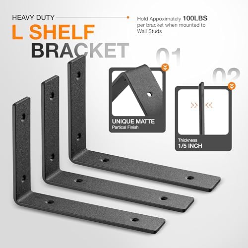 BATODA 8" Heavy Duty Shelf Brackets for Floating Shelves,Pack 6 Black Steel
