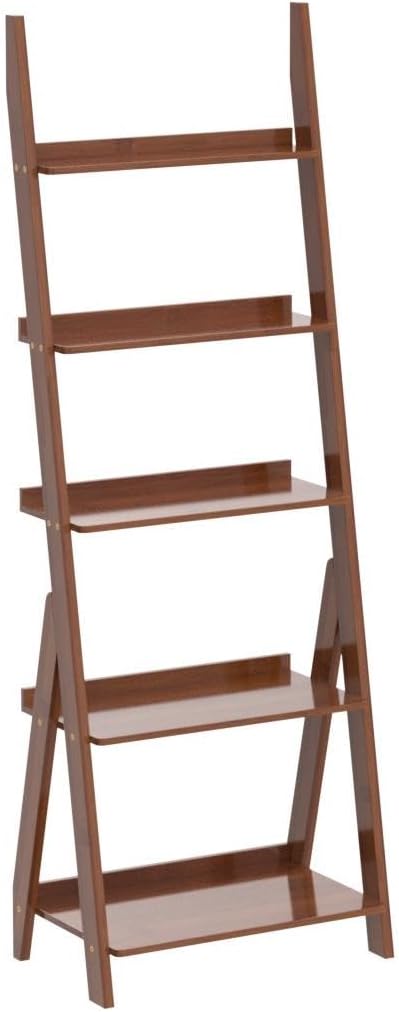 Maydear Bamboo Ladder Shelf Bookcase, 5-Tier Leaning Bookshelf Free Standing