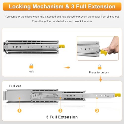 1 Pair Heavy Duty Drawer Slides with Lock 18 20 22 24 26 28 30 32 34 36 38 40 44 48 52 56 60 Inch 500 lb Load Capacity Side Mount Full Extension Ball Bearing Rail, 20 inch