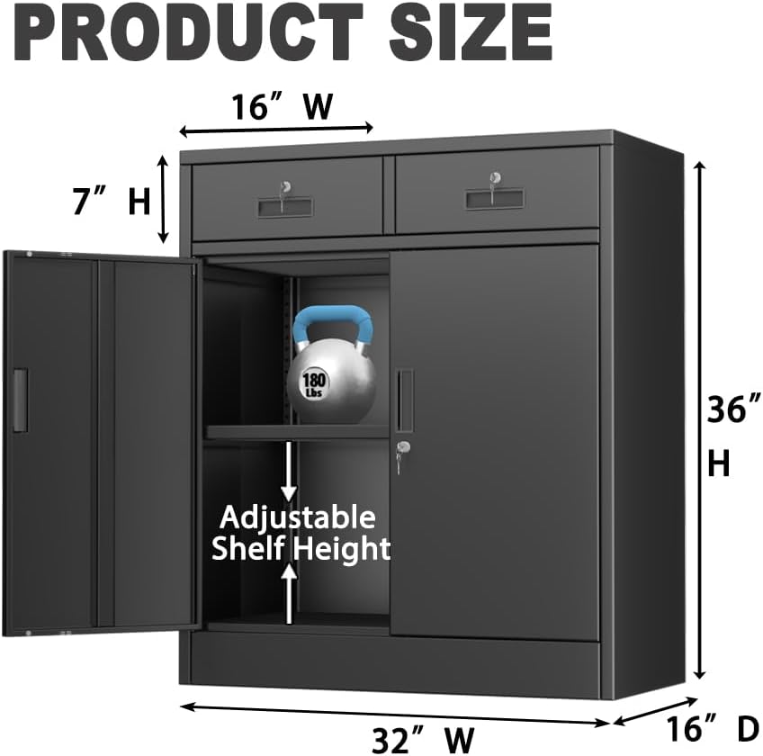 CJF Metal Storage Cabinet, Locking Cabinet with Adjustable Shelf and 2 Drawer...