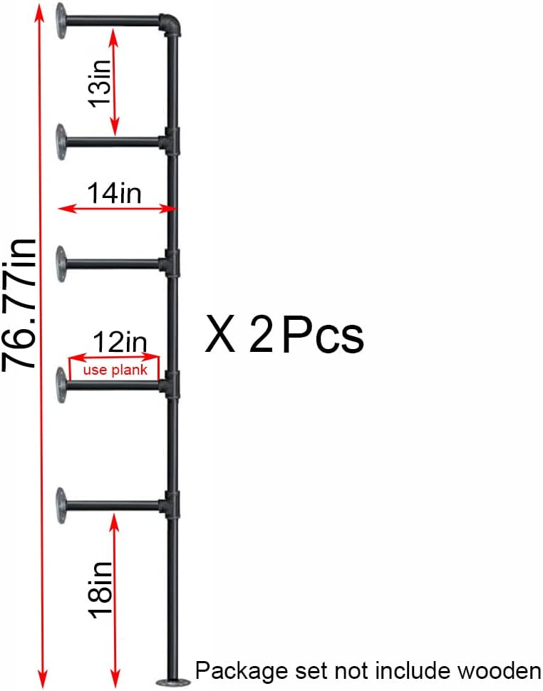 (77"Tall,14"Deep,2pcs) Industrial Retro Wall Mount Iron Pipe Shelf,DIY Open Bookshelf,Hung Bracket,Home Improvement Kitchen Shelves,Tool Utility Shelves, Office Shelves, Pipe Shelving