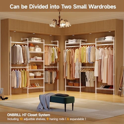 ONBRILL L7 Wall Mounted Industrial Pipe Clothing Rack, Corner Closet System