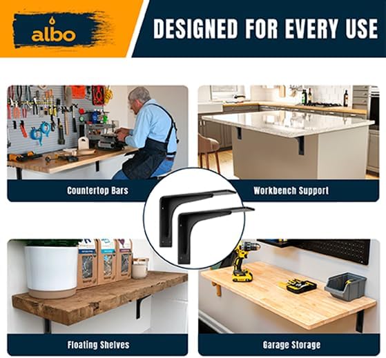 ALBO 16x10 Inch Shelf Brackets, 4 Pack Heavy Duty Steel L Brackets in Black