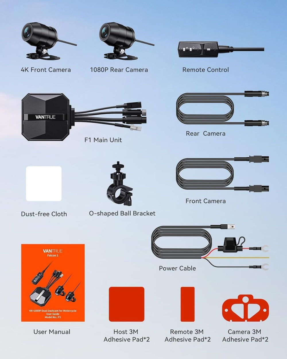 Vantrue F1 Motorcycle 4K Dash Cam Front and Rear, 4K + 1080P Camera