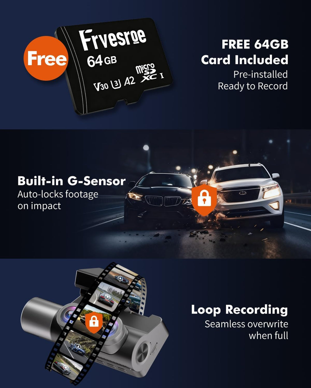 Dash Cam Front Rear Inside, 4K 3 Channel Dashcam with 64GB Card