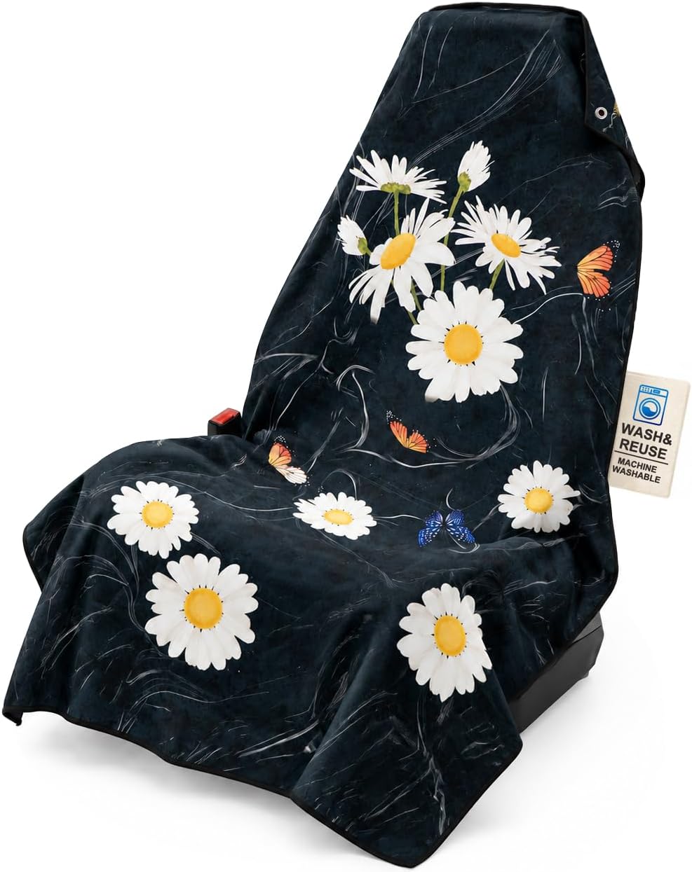 Chenille Car Seat Cover Towel, 2-Pack, Black Daisy