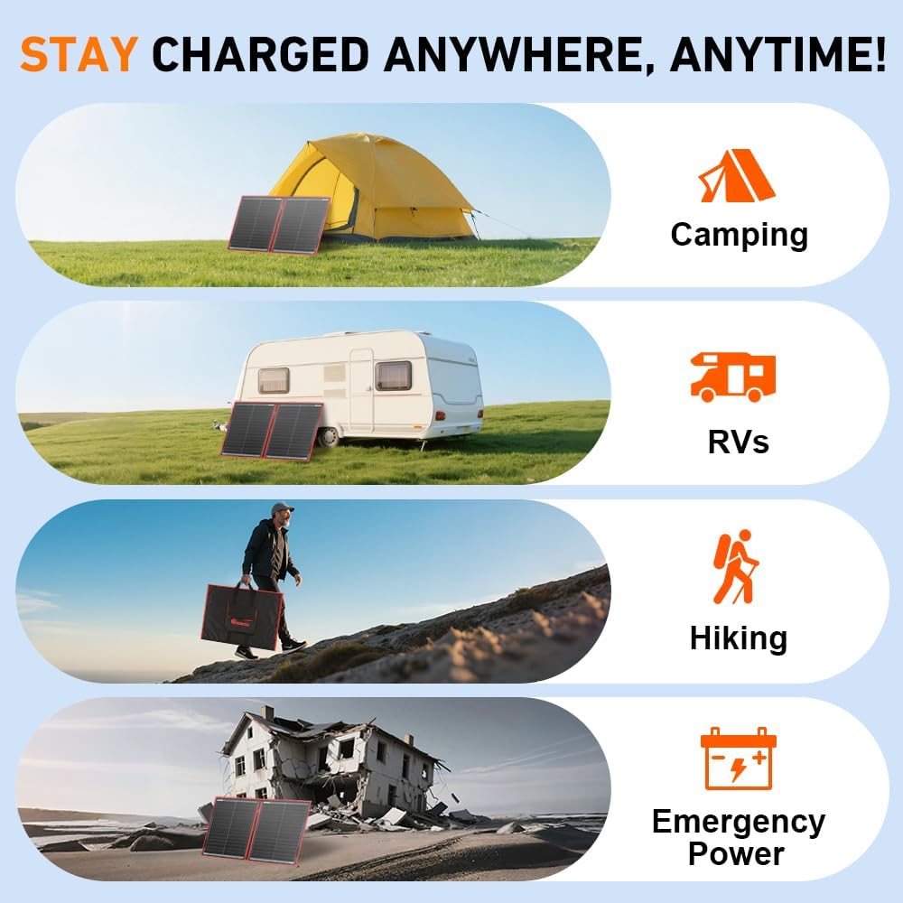 DOKIO 100W Portable Foldable Solar Panel Kit for 12V Battery Charging